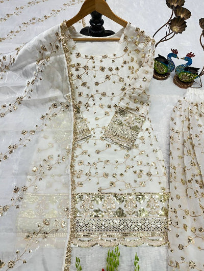 White &amp; Gold Embroidery Work Sharara Suit