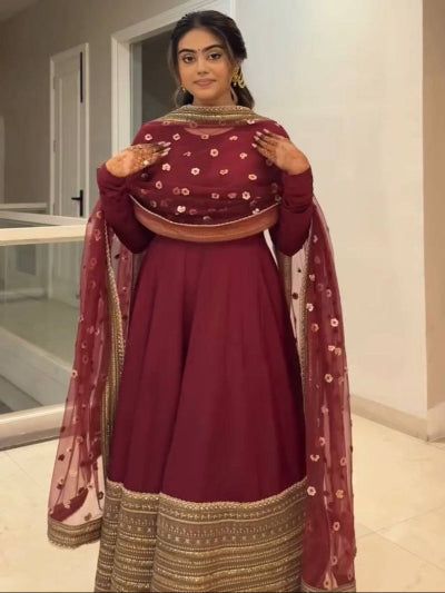 Maroon Gold Embroidered Roman Silk Anarkali Suit