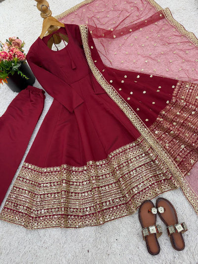 Maroon Gold Embroidered Roman Silk Anarkali Suit