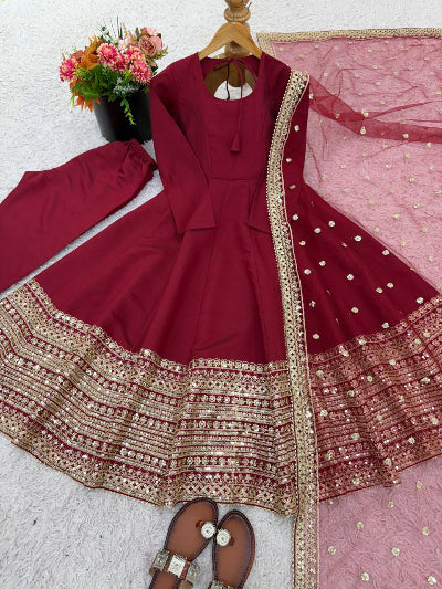 Maroon Gold Embroidered Roman Silk Anarkali Suit