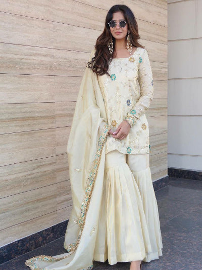 Ivory Cream Chinon Silk Embroidery Gharara Suit
