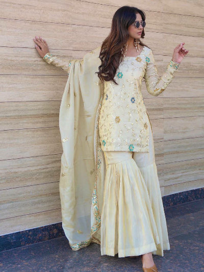 Ivory Cream Chinon Silk Embroidery Gharara Suit