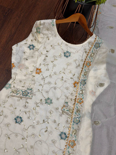 Ivory Cream Chinon Silk Embroidery Gharara Suit