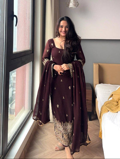 Coffee Brown Georgette Gold Embroidery Straight Suit
