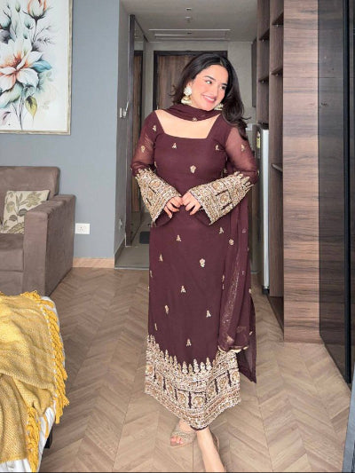 Coffee Brown Georgette Gold Embroidery Straight Suit