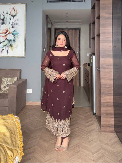 Coffee Brown Georgette Gold Embroidery Straight Suit