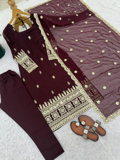 Coffee Brown Georgette Gold Embroidery Straight Suit