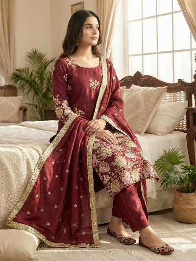 Maroon Floral Embroidery Work Organza Straight Suit