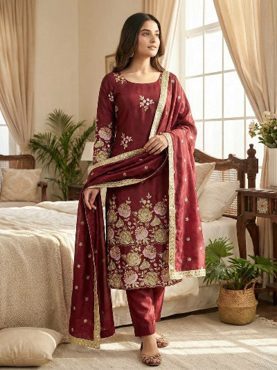 Maroon Floral Embroidery Work Organza Straight Suit