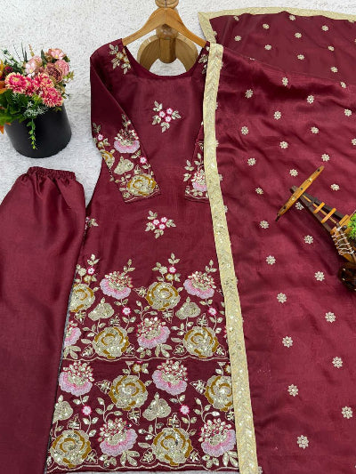 Maroon Floral Embroidery Work Organza Straight Suit