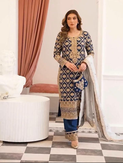 Navy Blue Exquisite Rich Gold Embroidery Work Straight Suit