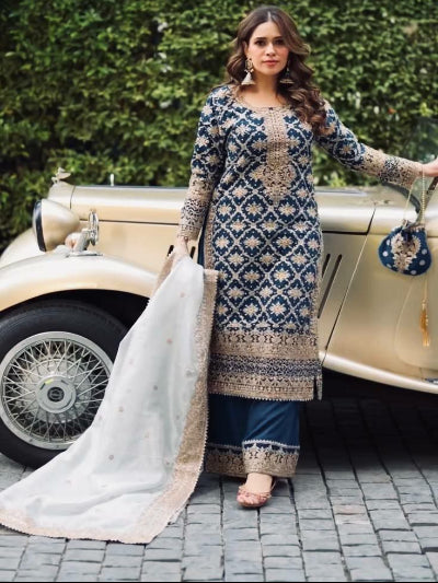 Navy Blue Exquisite Rich Gold Embroidery Work Straight Suit