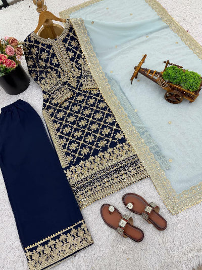 Navy Blue Exquisite Rich Gold Embroidery Work Straight Suit