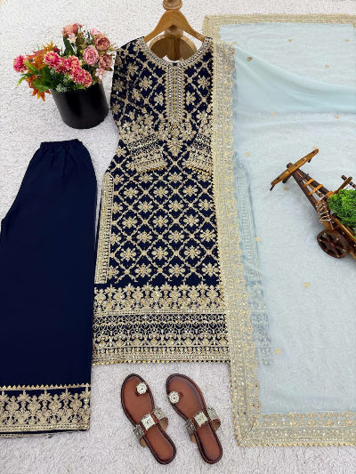 Navy Blue Exquisite Rich Gold Embroidery Work Straight Suit