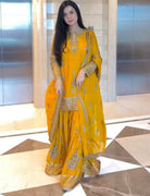 Yellow Chinon Silk Embroidery Sequence Sharara Suit - BONYHUBSALWAR KAMEEZ