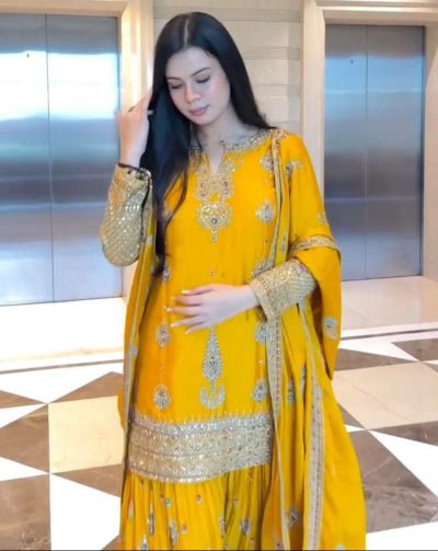 Yellow Chinon Silk Embroidery Sequence Sharara Suit - BONYHUBSALWAR KAMEEZ