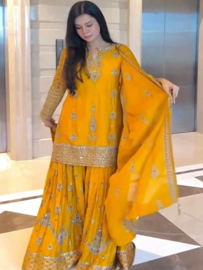 Yellow Chinon Silk Embroidery Sequence Sharara Suit - BONYHUBSALWAR KAMEEZ