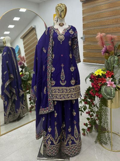 Designer Chinon Silk Embroidery Sequins Sharara Suit - BONYHUBSALWAR KAMEEZ