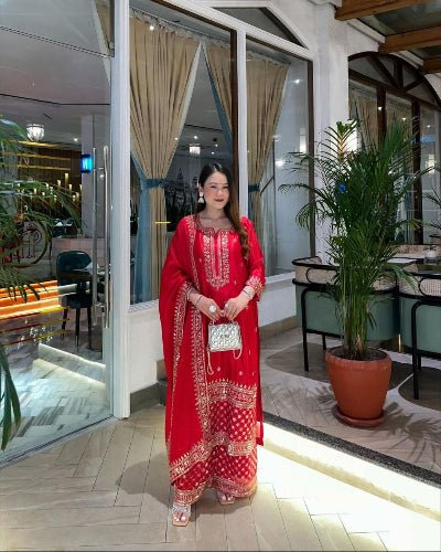 Red Chinon Silk Embroidery Sequins Sharara Palazzo Suit - BONYHUBSALWAR KAMEEZ