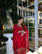 Red Chinon Silk Embroidery Sequins Sharara Palazzo Suit - BONYHUBSALWAR KAMEEZ