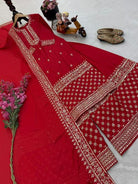 Red Chinon Silk Embroidery Sequins Sharara Palazzo Suit - BONYHUBSALWAR KAMEEZ