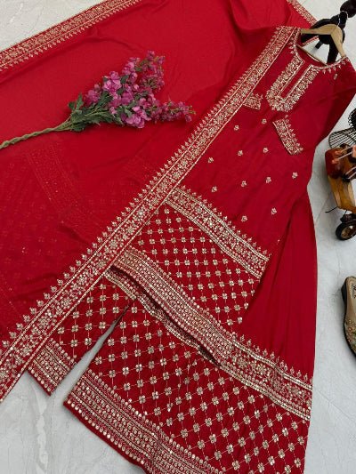 Red Chinon Silk Embroidery Sequins Sharara Palazzo Suit - BONYHUBSALWAR KAMEEZ