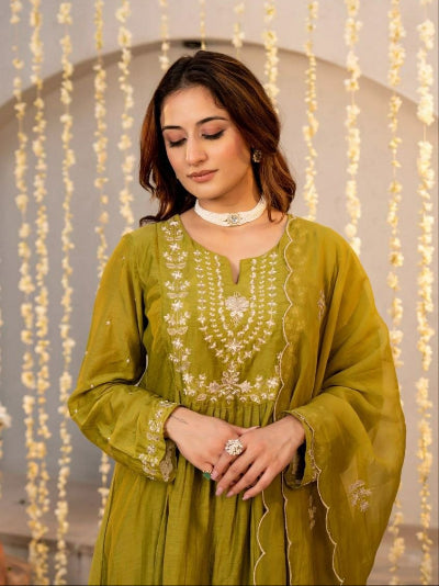 Teal Blue Chanderi Silk Embroidered Anarkali Set