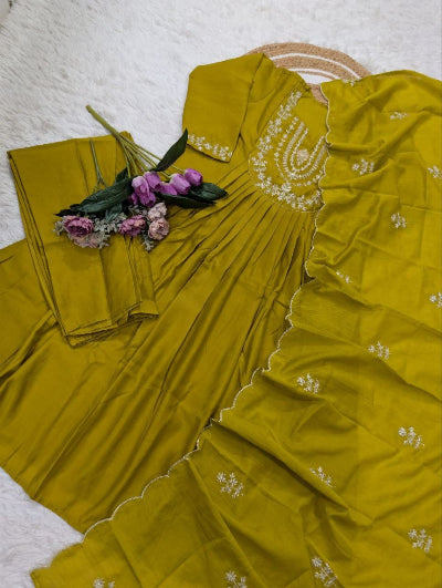 Teal Blue Chanderi Silk Embroidered Anarkali Set