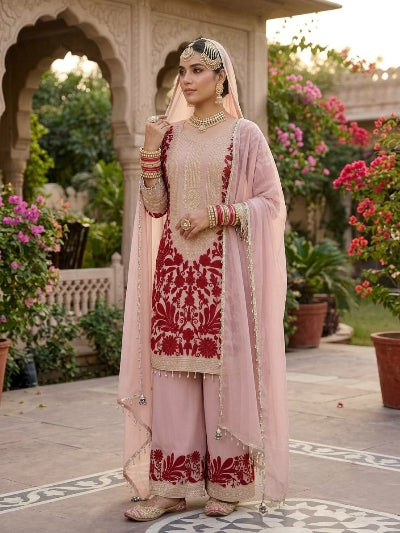Blush Pink &amp; Red Georgette Embroidery Palazzo Suit UK