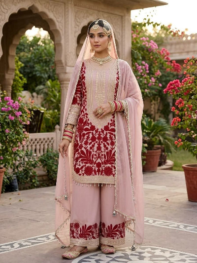 Blush Pink &amp; Red Georgette Embroidery Palazzo Suit UK