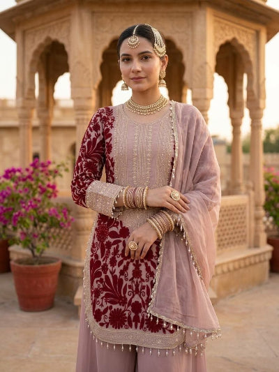 Blush Pink &amp; Red Georgette Embroidery Palazzo Suit UK