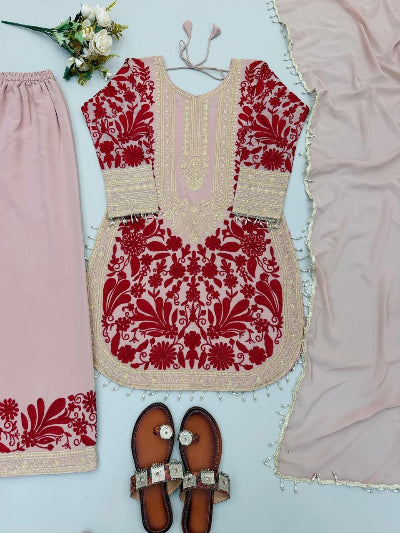 Blush Pink &amp; Red Georgette Embroidery Palazzo Suit UK