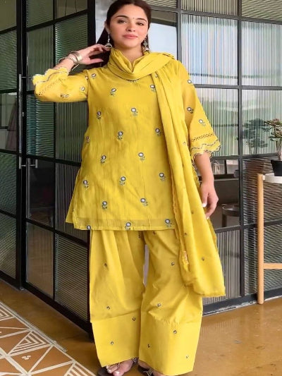 Yellow Satin Chanderi Embroidered Farshi Suit for Women