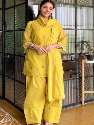 Yellow Satin Chanderi Embroidered Farshi Suit for Women