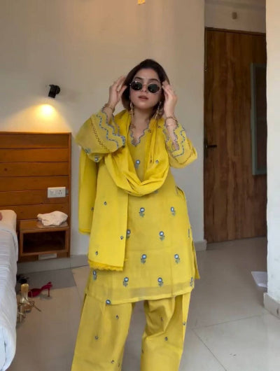 Yellow Satin Chanderi Embroidered Farshi Suit for Women
