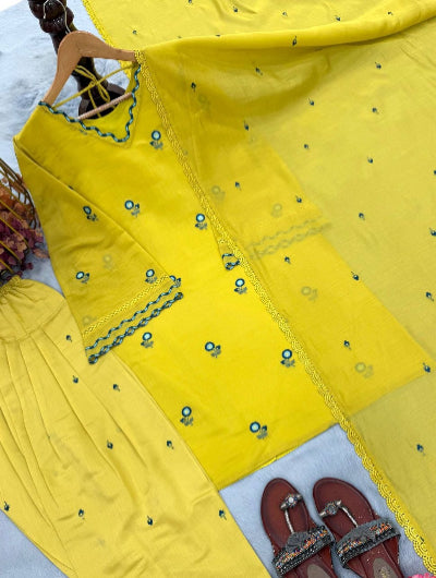 Yellow Satin Chanderi Embroidered Farshi Suit for Women