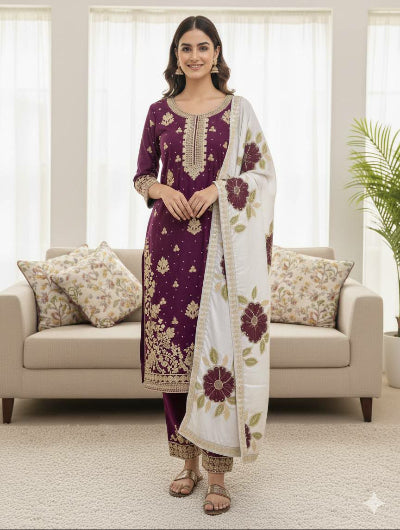Plum Gold Embroidery Silk Palazzo Suit