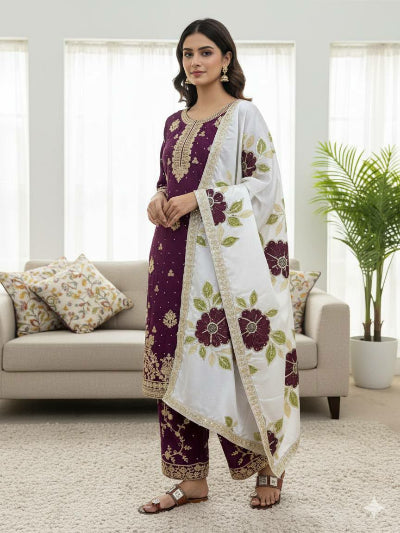 Plum Gold Embroidery Silk Palazzo Suit