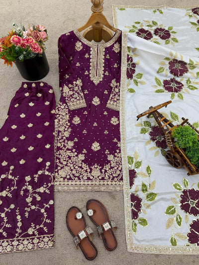 Plum Gold Embroidery Silk Palazzo Suit