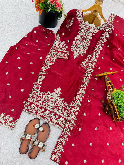 Red Gold Tissue Silk Embroidery Straight Suit Set