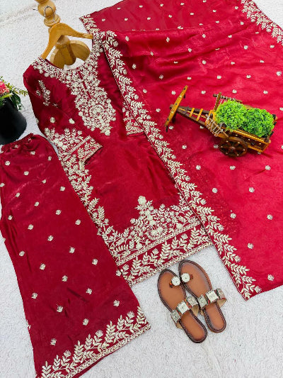 Red Gold Tissue Silk Embroidery Straight Suit Set