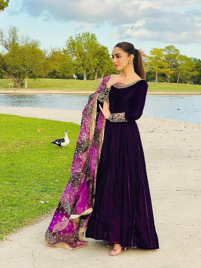 Royal Purple Velvet Gown with Bandhani Dupatta Set Of 2