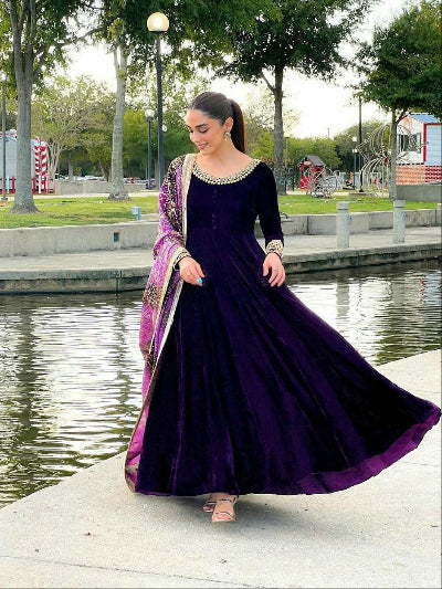 Royal Purple Velvet Gown with Bandhani Dupatta Set Of 2