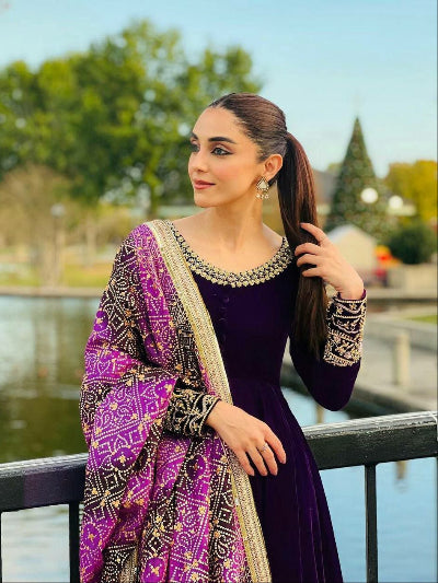 Royal Purple Velvet Gown with Bandhani Dupatta Set Of 2