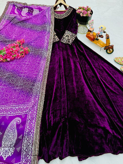 Royal Purple Velvet Gown with Bandhani Dupatta Set Of 2