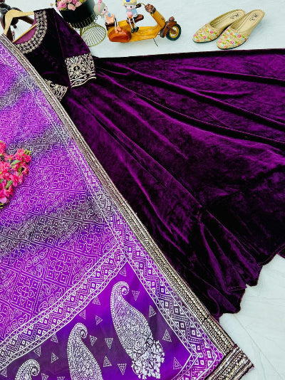 Royal Purple Velvet Gown with Bandhani Dupatta Set Of 2