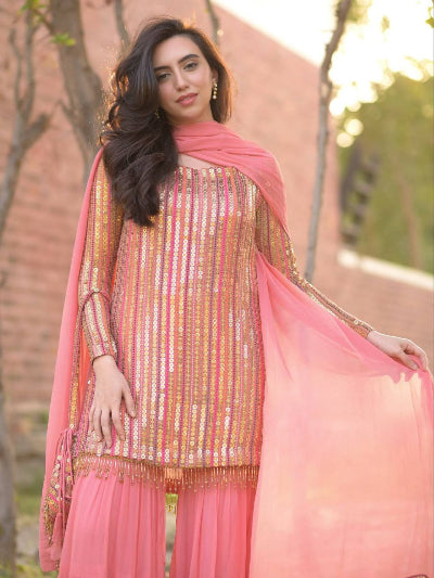Gulabi Pink Georgette Embroidery Ruffle Sharara Suit