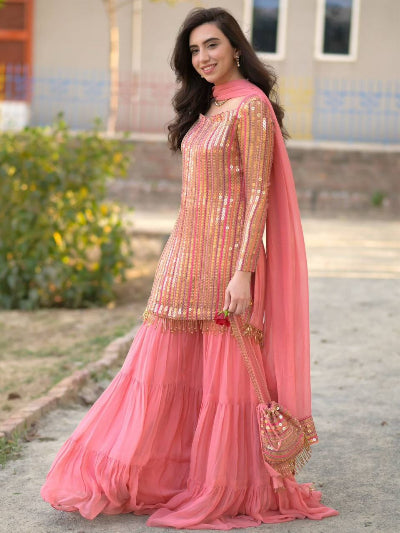 Gulabi Pink Georgette Embroidery Ruffle Sharara Suit