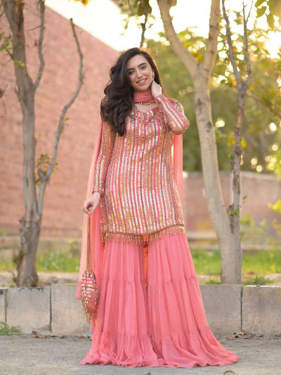 Gulabi Pink Georgette Embroidery Ruffle Sharara Suit