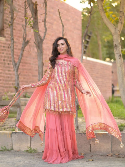 Gulabi Pink Georgette Embroidery Ruffle Sharara Suit